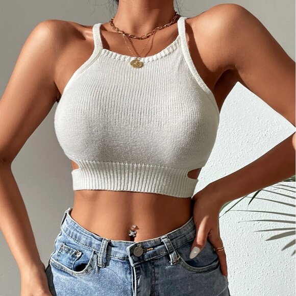 White Criss Cross Back Tie Backless Knit Crop Top | Small - Picture 4 of 4